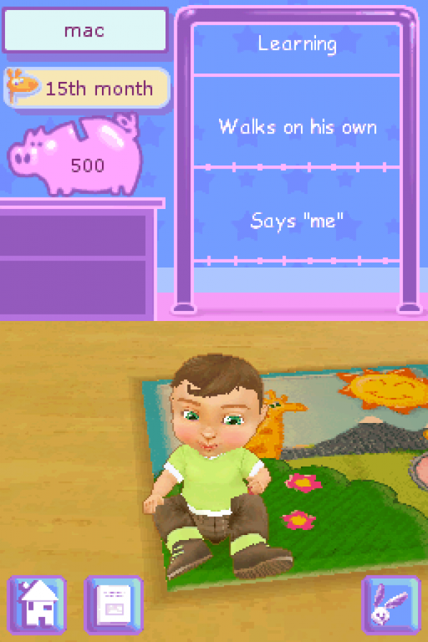 My Baby First Steps for Nintendo DS (DS), gameplay for a retro video game featuring baby care simulation gameplay, nurturing activities, mini-games, child development challenges, and family-friendly interactive play