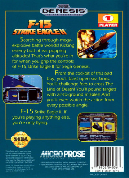 F 15 Strike Eagle II Sega Genesis video game featuring realistic jet fighter simulation gameplay tactical air combat missions military aviation action and classic 16 bit Sega console flight simulator title back cover