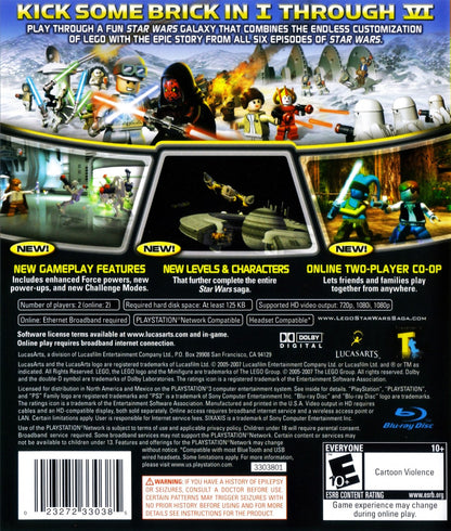 LEGO Star Wars The Complete Saga for PlayStation 3 action adventure family friendly video game featuring iconic Star Wars characters humorous LEGO style levels cooperative gameplay and classic franchise inspired storytelling experience back cover art