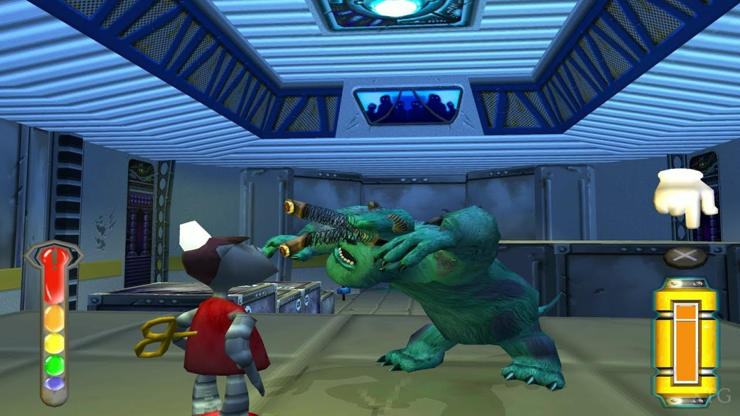 Monsters, Inc. disc for the PlayStation 2 featuring platforming and mini game style gameplay based on the Pixar film with story driven levels as Mike and Sulley navigate Monstropolis and collect energy through humorous monster themed challenges gameplay 