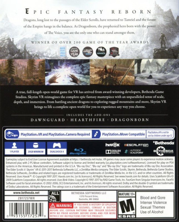 Elder Scrolls V Skyrim VR back cover art for PlayStation 4 video game.