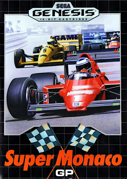 Super Monaco GP Sega Genesis video game, Formula One racing simulation, arcade-style motorsport action, retro Sega console title cover