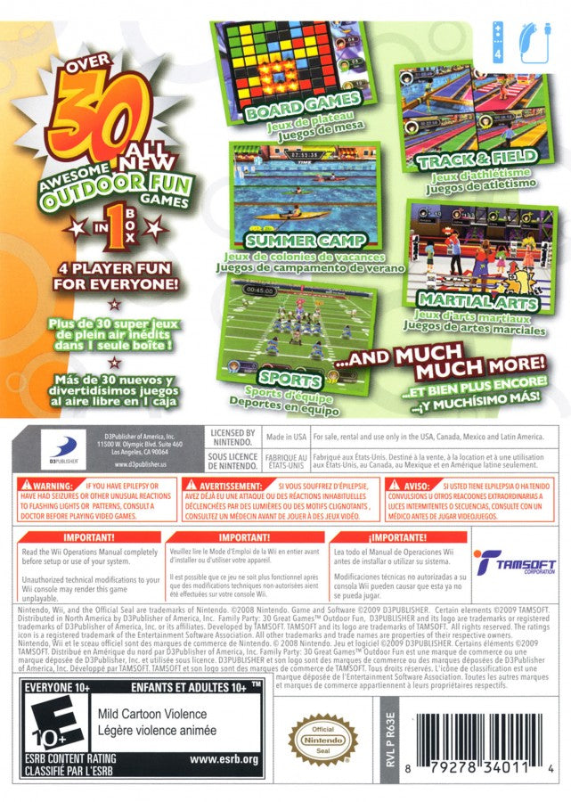 Family Party: 30 Great Games: Outdoor Fun back cover art for Nintendo Wii (Wii) video game