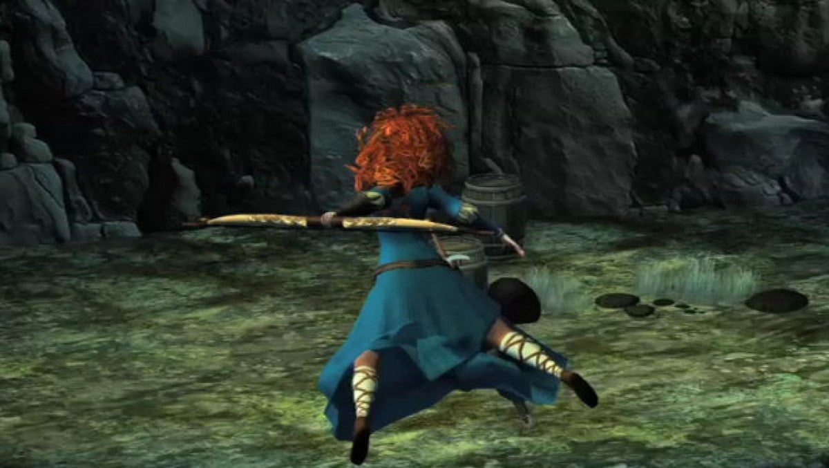 Disney Pixar Brave Nintendo Wii game featuring action adventure gameplay based on the Brave film with Merida using archery sword combat puzzle solving cooperative play and story driven levels set in a magical Scottish world gameplay