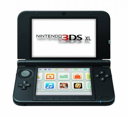 black nintendo 3ds xl handheld gaming console with large dual screens, 3d capability, built in camera, and backward compatibility for ds and 3ds games open view