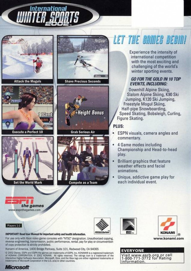 back cover art for 'International Winter Sports 2002' video game showing winter sports activities on Xbox Original