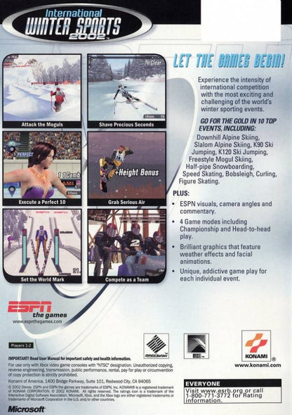 back cover art for 'International Winter Sports 2002' video game showing winter sports activities on Xbox Original