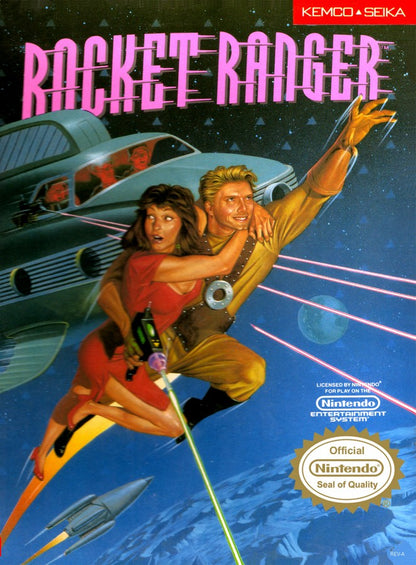 Rocket Ranger Complete in Box CIB Nintendo Entertainment System NES for retro video game enthusiasts featuring action adventure gameplay science fiction missions strategic space exploration rocket powered hero combat alien invasions classic 8 bit adventure complete in box collectible gaming appeal front cover