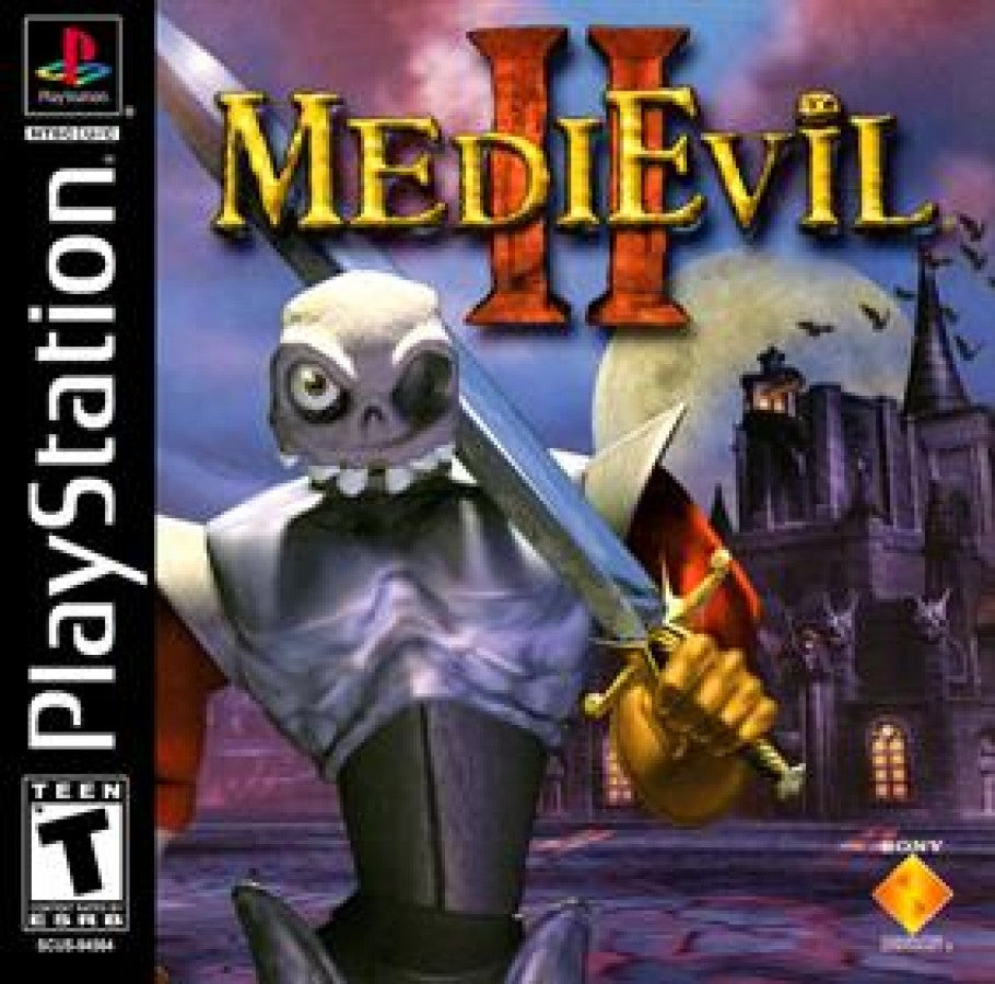MediEvil 2 PlayStation PS1 for action adventure video game fans featuring Sir Daniel Fortesque gothic environments hack and slash combat puzzle solving undead enemies weapons exploration humorous storytelling challenging bosses and classic retro PlayStation gaming collectible appeal front