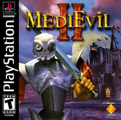 MediEvil 2 PlayStation PS1 for action adventure video game fans featuring Sir Daniel Fortesque gothic environments hack and slash combat puzzle solving undead enemies weapons exploration humorous storytelling challenging bosses and classic retro PlayStation gaming collectible appeal front