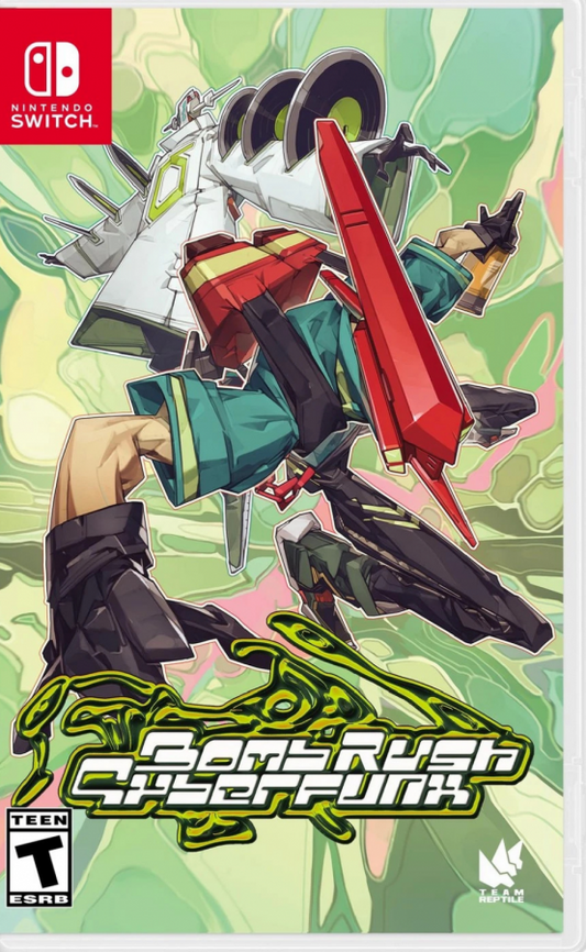 Bomb Rush Cyberfunk Nintendo Switch for action platforming video game fans featuring fast paced graffiti gameplay stylish hoverboard skating inline skating BMX biking open world city exploration trick combos vibrant cel shaded visuals energetic soundtrack futuristic urban adventure collectible gaming appeal front cover