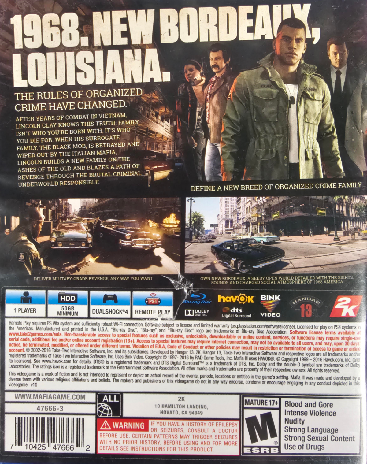 Mafia III PlayStation 4 PS4 open world action adventure video game featuring Lincoln Clay organized crime revenge missions New Bordeaux city exploration gunfights vehicle driving stealth combat weapons and immersive story-driven gameplay collectible gaming appeal back cover art