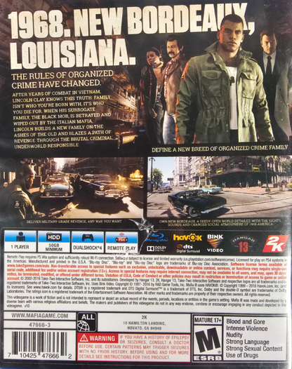 Mafia III PlayStation 4 PS4 open world action adventure video game featuring Lincoln Clay organized crime revenge missions New Bordeaux city exploration gunfights vehicle driving stealth combat weapons and immersive story-driven gameplay collectible gaming appeal back cover art