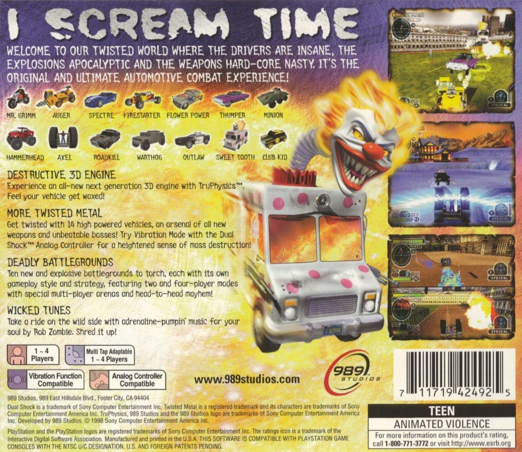 Twisted Metal III back cover art for PlayStation 1 (PS1) racing video game.