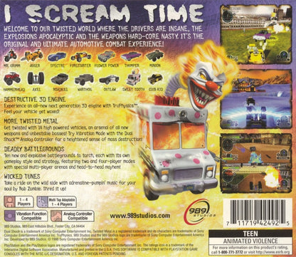 Twisted Metal III back cover art for PlayStation 1 (PS1) racing video game.