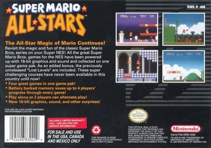 Super Mario All-Stars Super Nintendo Entertainment System SNES for retro video game enthusiasts featuring classic platforming gameplay enhanced versions of iconic Super Mario adventures side scrolling action colorful worlds challenging levels timeless Nintendo entertainment and collectible gaming appeal back cover 