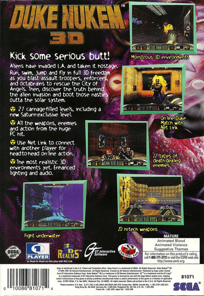 Duke Nukem 3D for Sega Saturn featuring classic retro first-person shooter action in a sci-fi setting back cover art