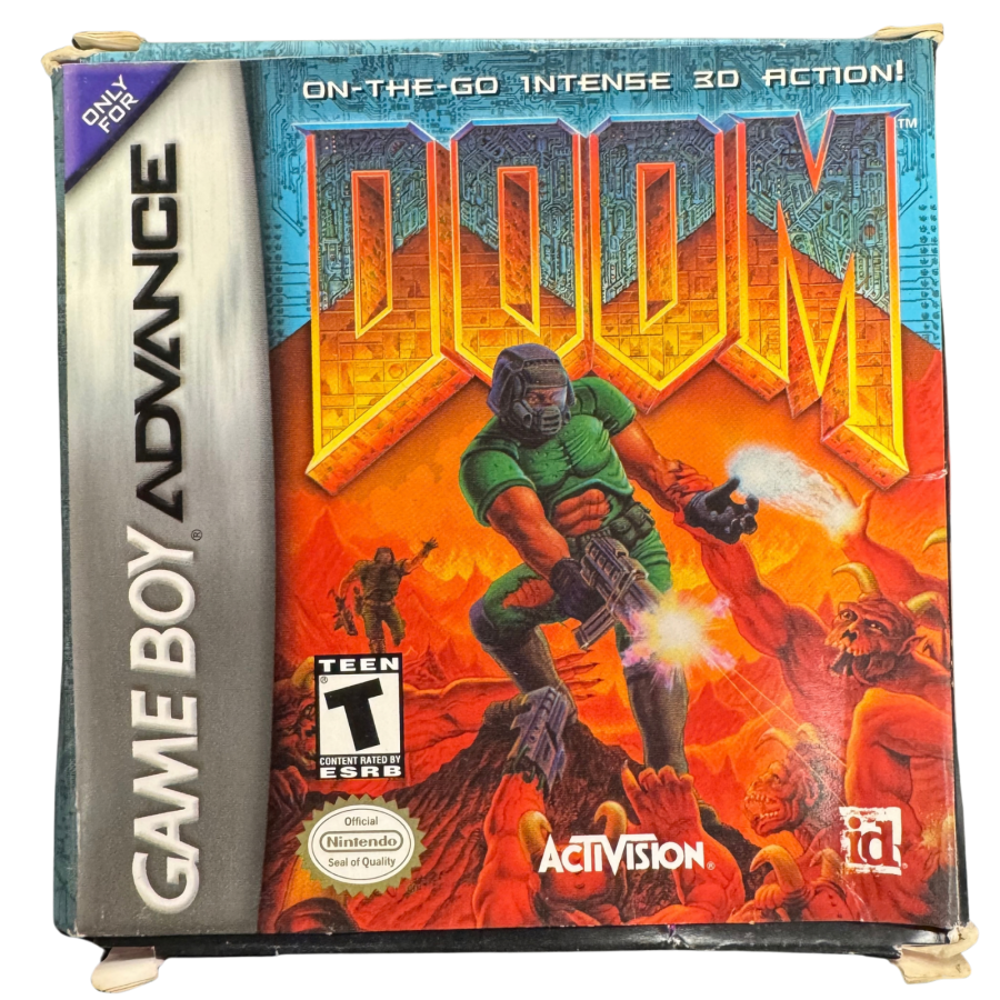 Doom CIB Nintendo Game Boy Advance GBA video game featuring classic first person shooter gameplay demon combat weapons action packed levels Mars exploration intense enemy encounters and retro shooting action complete in box CIB edition Game Boy Advance collection collectible gaming appeal cover art