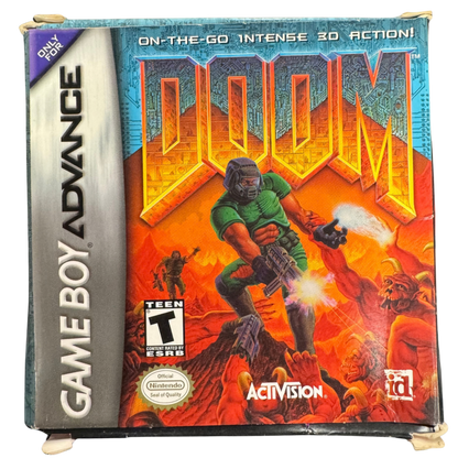 Doom CIB Nintendo Game Boy Advance GBA video game featuring classic first person shooter gameplay demon combat weapons action packed levels Mars exploration intense enemy encounters and retro shooting action complete in box CIB edition Game Boy Advance collection collectible gaming appeal cover art