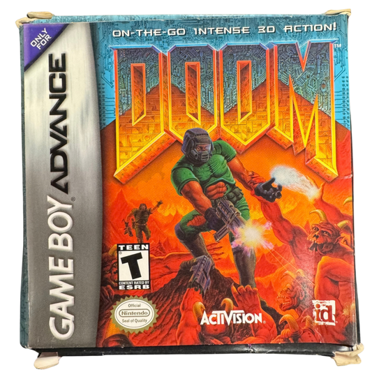 Doom CIB Nintendo Game Boy Advance GBA video game featuring classic first person shooter gameplay demon combat weapons action packed levels Mars exploration intense enemy encounters and retro shooting action complete in box CIB edition Game Boy Advance collection collectible gaming appeal cover art