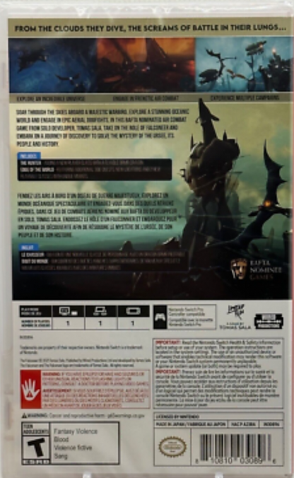 The Falconeer Warrior Edition Nintendo Switch inspired design featuring aerial combat action adventure aesthetic giant warbird flight across vast oceanic worlds high speed dogfights immersive fantasy exploration cinematic battles and open sky gameplay presentation back cover