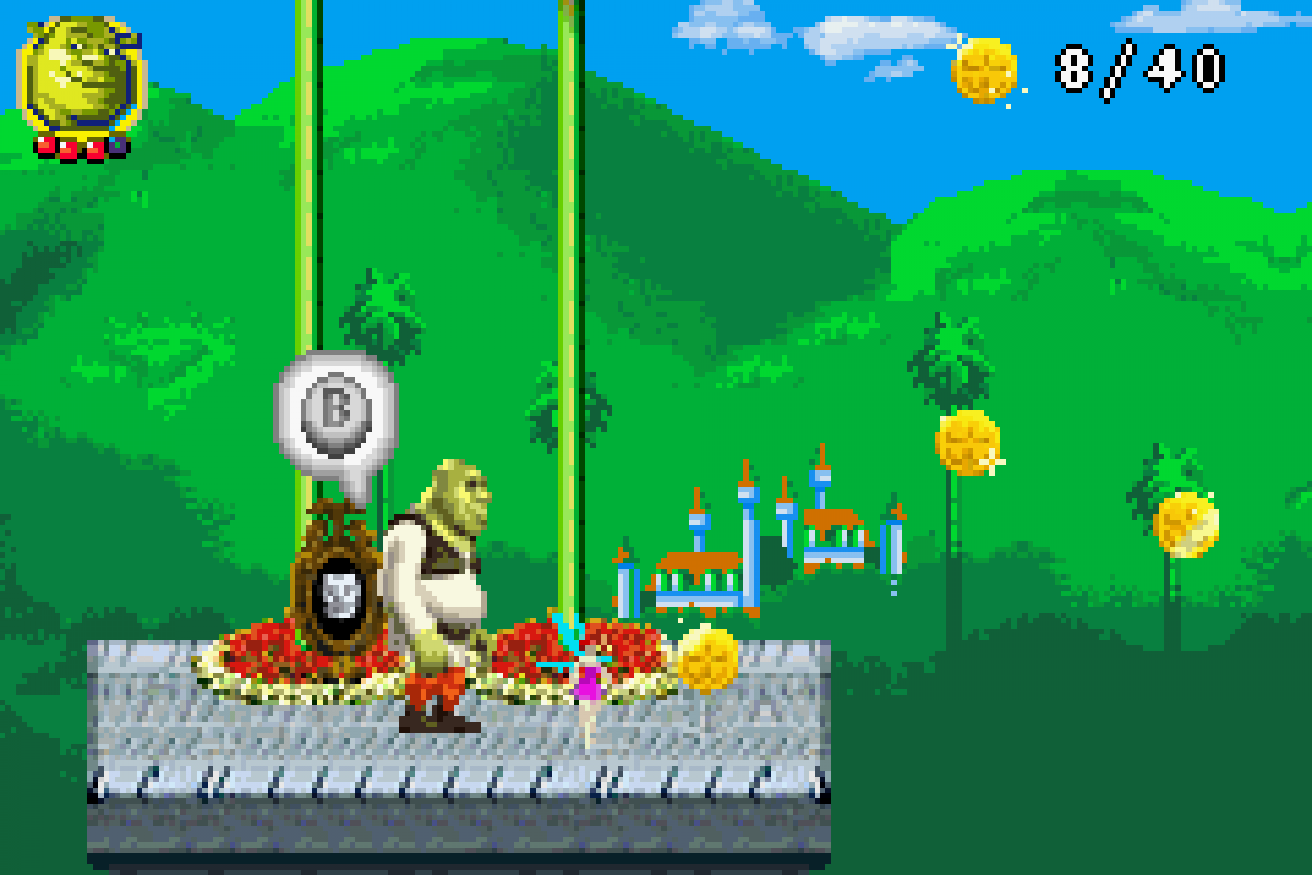 Shrek 2 Beg for Mercy for Game Boy Advance (GBA), gameplay for a retro video game featuring action platforming gameplay, character-based combat, side-scrolling levels, and movie-inspired adventure challenges