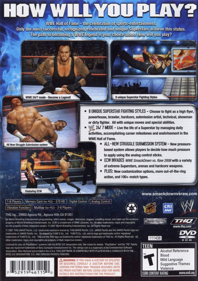 WWE SmackDown vs. Raw 2008 – PlayStation 2 (PS2) video game back of case, pro wrestling.