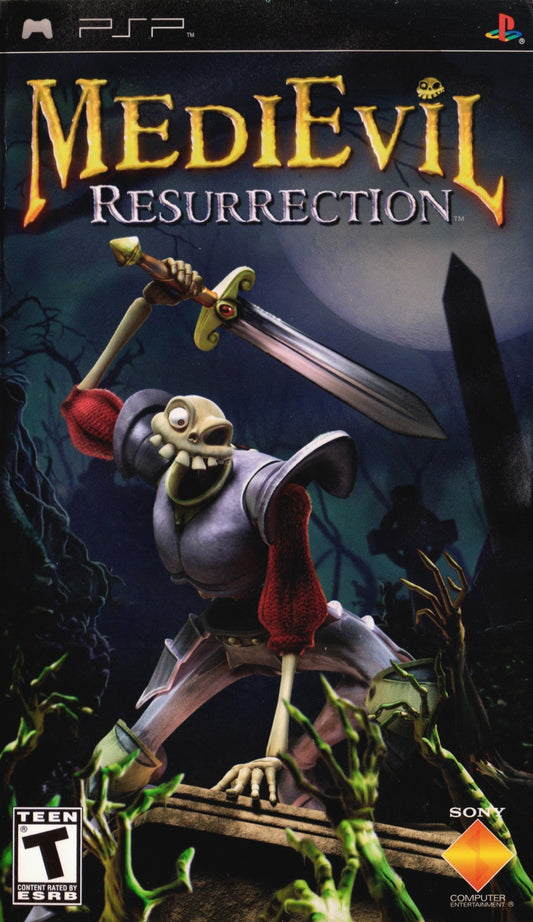 MediEvil Resurrection PlayStation Portable PSP inspired design featuring gothic action adventure aesthetic skeletal knight hero Sir Daniel Fortesque undead kingdom exploration hack and slash combat darkly humorous storytelling and spooky medieval fantasy presentation front cover