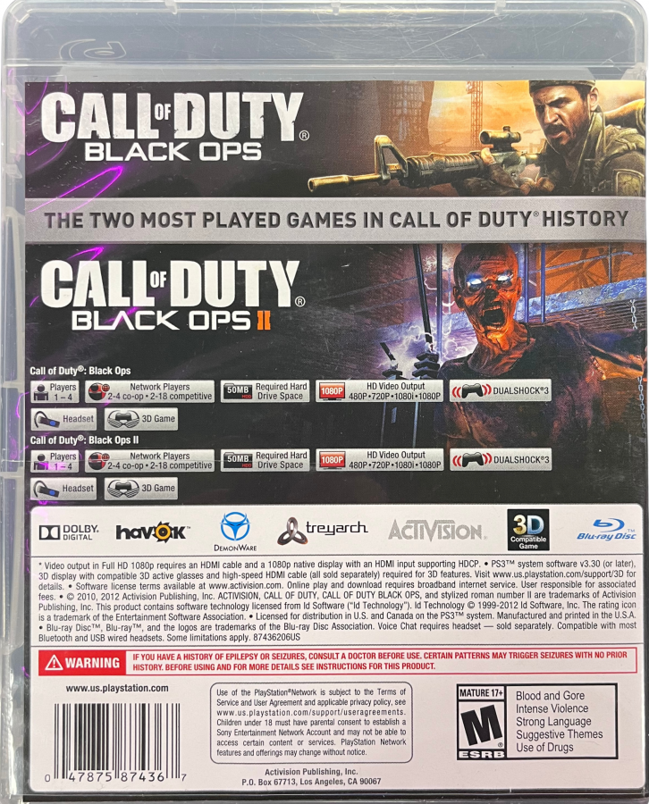 Call of Duty Black Ops I and II Combo Pack PS3 inspired design featuring military first person shooter aesthetic covert operations intense firefights cinematic campaigns multiplayer combat futuristic and Cold War warfare action packed gaming presentation rear art 