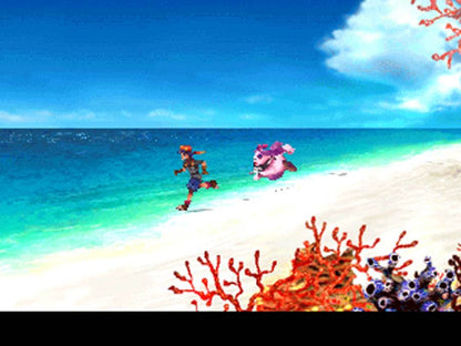 Retro Chrono Cross PS1 inspired design featuring classic JRPG fantasy aesthetic vintage PlayStation adventure surreal parallel worlds ensemble cast magical realism vibrant ocean island setting iconic Squaresoft storytelling nostalgic role playing game presentation gameplay
