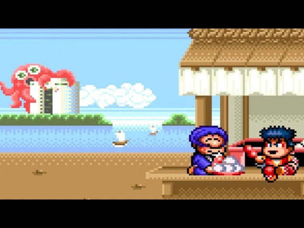 Retro Legend of the Mystical Ninja SNES inspired design featuring classic Konami action adventure aesthetic colorful feudal Japan side scrolling gameplay quirky humor co op battles pixel art exploration nostalgic Super Nintendo presentation gameplay
