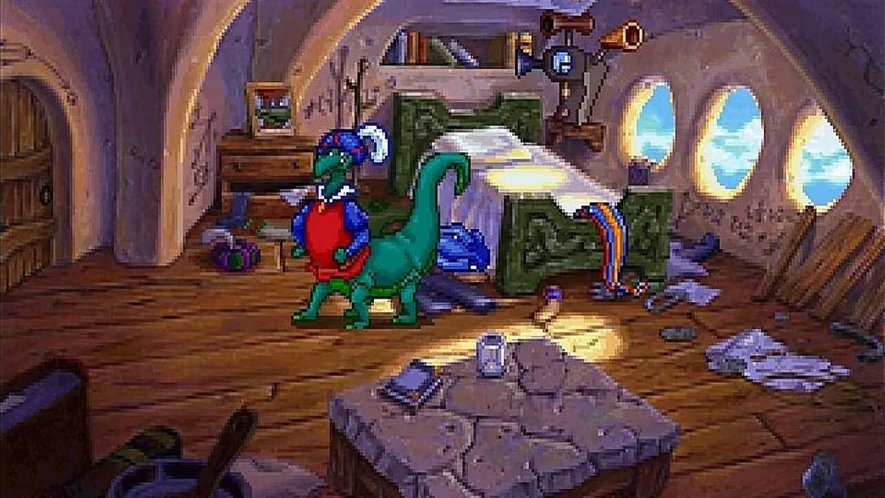 Blazing Dragons for Sega Saturn (SS) at Gamers INC, featuring the whimsical point-and-click adventure based on the cult-classic animated series from Monty Python’s Terry Jones; play as Flicker, a commoner dragon with noble dreams, as you solve clever puzzles, engage in witty dialogue, and navigate the "Knights of the Round Table" parody to win the Dragon Tournament and the heart of Princess Flame in this charmingly eccentric 32-bit quest gameplay screenshot