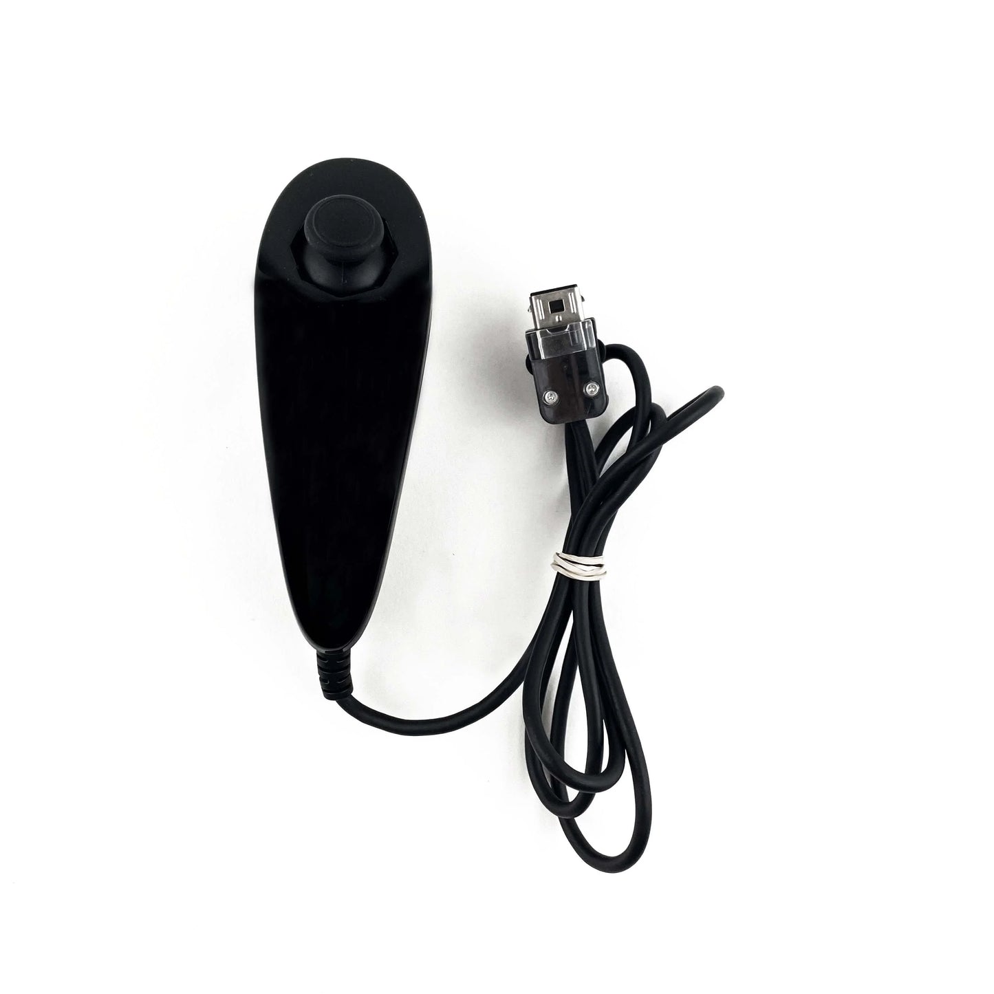 Top view of black Nintendo Wii Nunchuk showing joystick and buttons