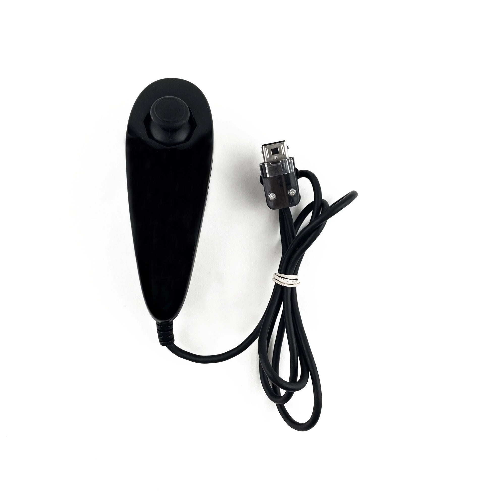 Top view of black Nintendo Wii Nunchuk showing joystick and buttons