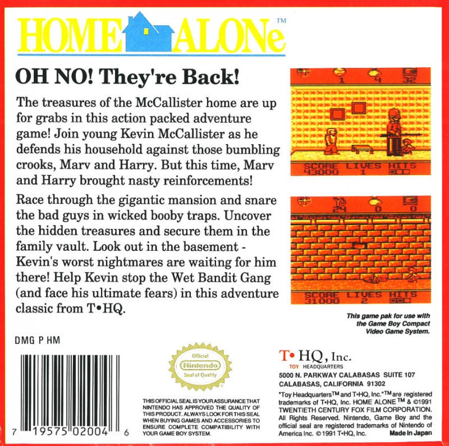 Home Alone for Game Boy, back of case for an action platformer video game with side-scrolling gameplay, trap-setting mechanics, enemy avoidance, and movie-inspired challenges