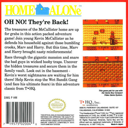Home Alone for Game Boy, back of case for an action platformer video game with side-scrolling gameplay, trap-setting mechanics, enemy avoidance, and movie-inspired challenges