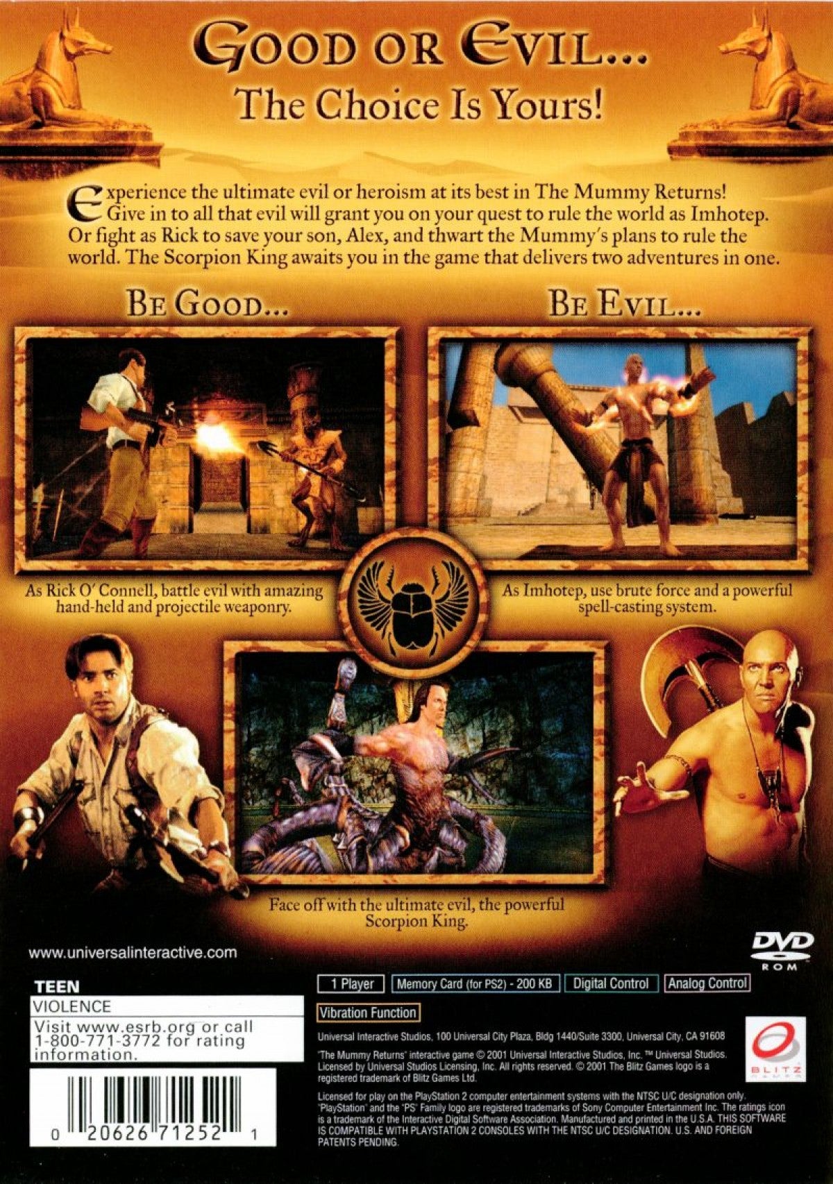 The Mummy Returns PS2 Sony PlayStation 2 action adventure game movie tie in third person combat platforming exploration ancient Egypt enemies puzzles hack and slash gameplay Universal Interactive retro gaming PlayStation 2 software video game title back cover art