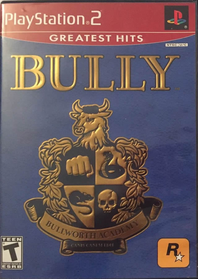 Retro Bully Greatest Hits PS2 inspired design featuring classic Rockstar Games schoolyard open world adventure aesthetic vintage PlayStation 2 era rebellious teen gameplay comic style visuals academy chaos mischievous missions nostalgic action game presentation front cover
