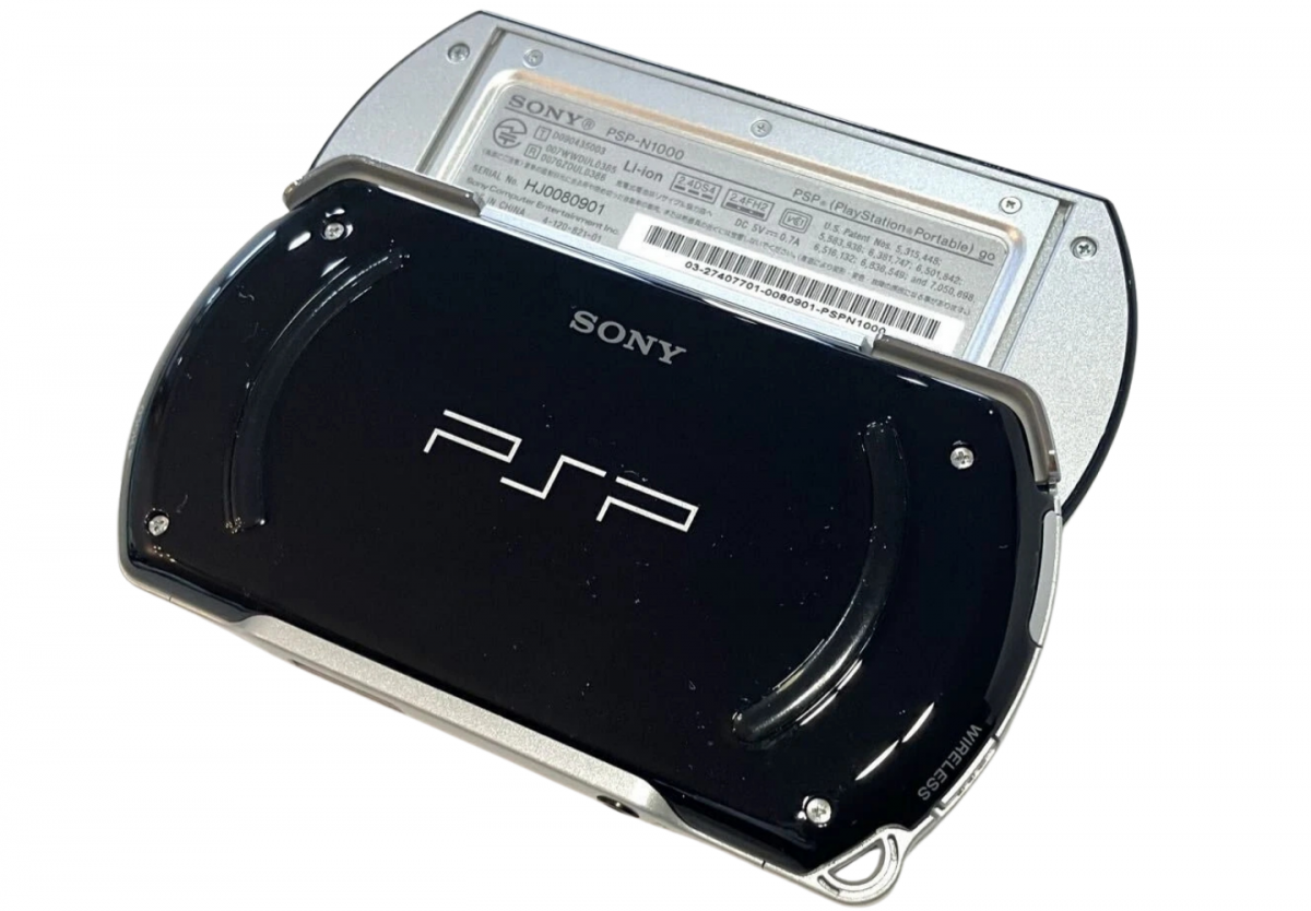 PSP Go Piano Black PlayStation Portable PSP for portable gaming fans featuring compact sliding design Piano Black finish built in controls digital game support 3.8 inch display Bluetooth wireless connectivity internal storage and sleek portable Sony gaming hardware collectible appeal back
