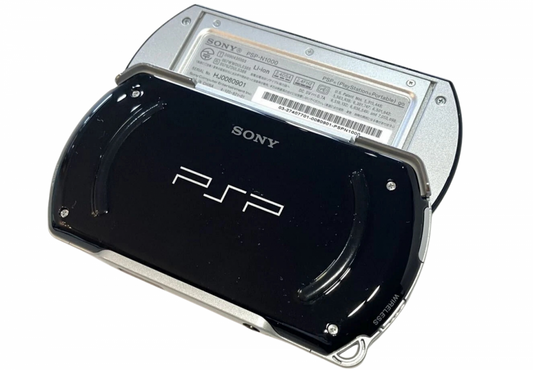 PSP Go Piano Black PlayStation Portable PSP for portable gaming fans featuring compact sliding design Piano Black finish built in controls digital game support 3.8 inch display Bluetooth wireless connectivity internal storage and sleek portable Sony gaming hardware collectible appeal back
