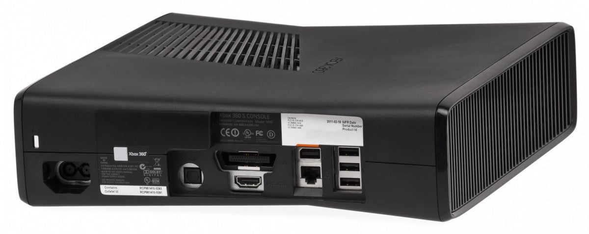 Xbox 360 Slim console system 250GB, Xbox 360 S model, Microsoft gaming console, built-in Wi-Fi, home entertainment system back panel view