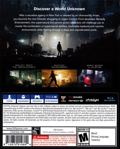 Control for PlayStation 4, back of case for an action-adventure third-person shooter video game with supernatural powers, sci-fi mystery, cinematic combat, and paranormal exploration gameplay