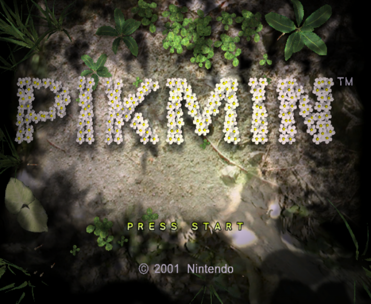 Pikmin Player’s Choice edition for Nintendo GameCube real time strategy adventure game featuring Captain Olimar puzzle solving time management colorful alien creatures start screen