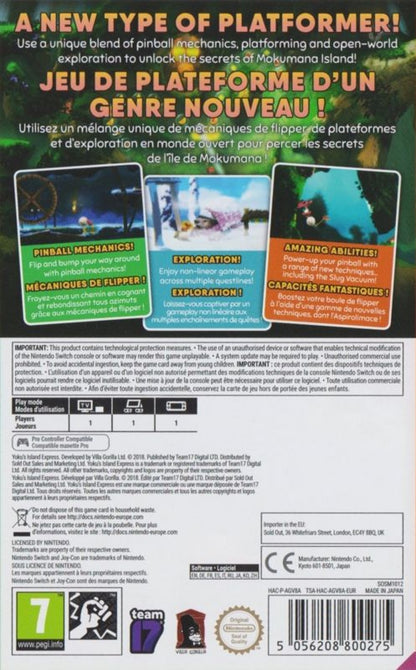 Yoku's Island Express Nintendo Switch inspired design featuring charming pinball platform adventure aesthetic vibrant tropical island exploration unique physics based gameplay colorful characters whimsical quests open world discovery and family friendly fun presentation back cover