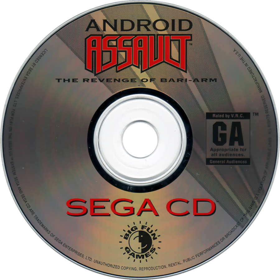 Android Assault Sega CD side scrolling shoot em up shmup anime style space combat mech shooter CD quality soundtrack fast paced arcade action Japanese style sci fi gameplay retro gaming Sega CD software video game title disc