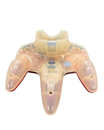 Back view of clear and red Nintendo 64 controller original wired gaming accessory