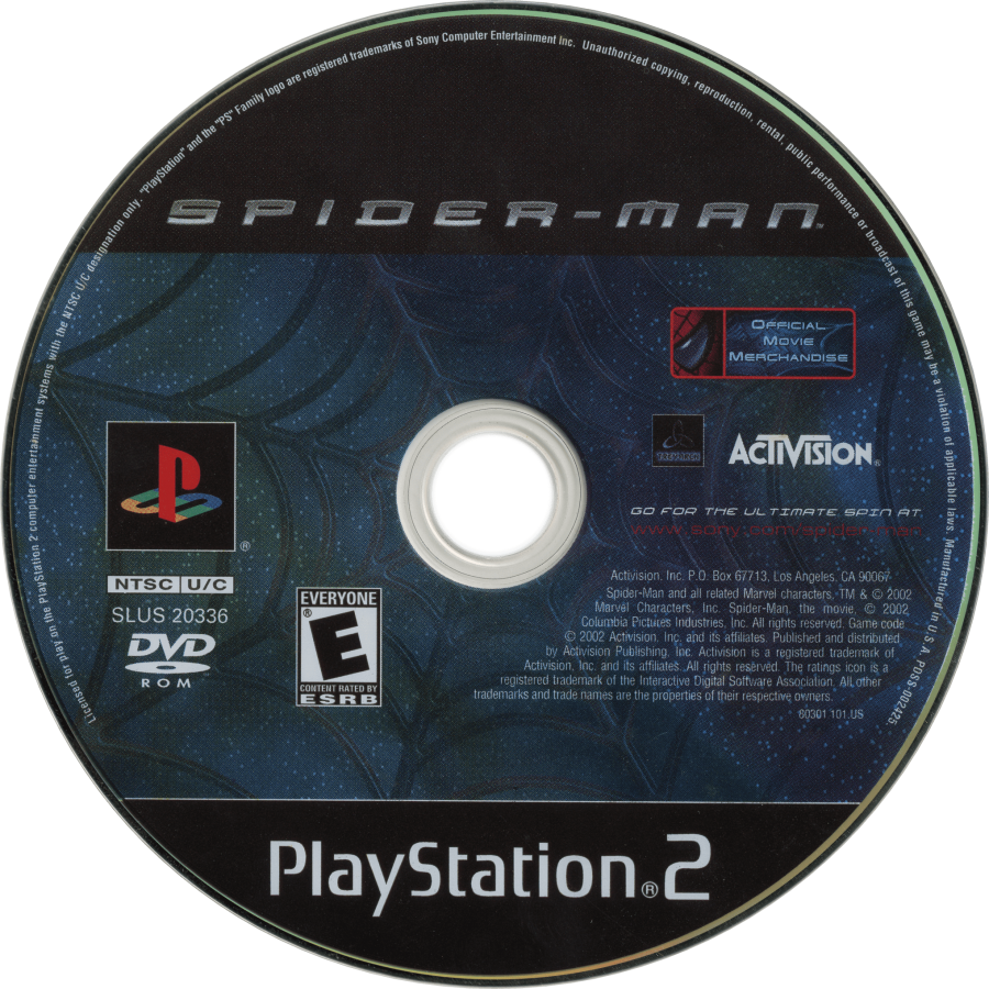 Spider-Man – PlayStation 2 (PS2) video game disc, action-adventure superhero game.