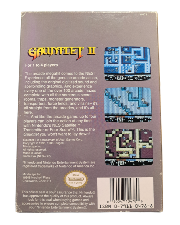 Gauntlet II for Nintendo Entertainment System dungeon crawler action game featuring Warrior Valkyrie Wizard and Elf characters maze exploration monster battles and cooperative multiplayer gameplay box back