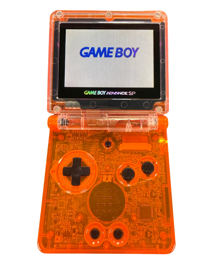 Custom Orange Game Boy Advance SP (GBA SP) handheld console featuring the classic folding clamshell design, rechargeable battery, front‑lit/bright screen (AGS‑001/AGS‑101 depending on mod), and a translucent/orange custom shell replacement — a popular aftermarket mod for collectors and gamers who want a unique look for their retro portable system open on