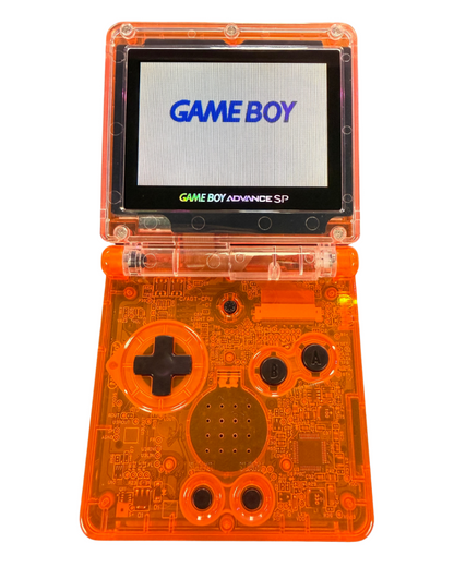 Custom Orange Game Boy Advance SP (GBA SP) handheld console featuring the classic folding clamshell design, rechargeable battery, front‑lit/bright screen (AGS‑001/AGS‑101 depending on mod), and a translucent/orange custom shell replacement — a popular aftermarket mod for collectors and gamers who want a unique look for their retro portable system open on